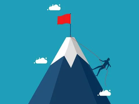 Try to win yourself. Businessman climbing a mountain to grab the red flag. ve Illustrazione stock