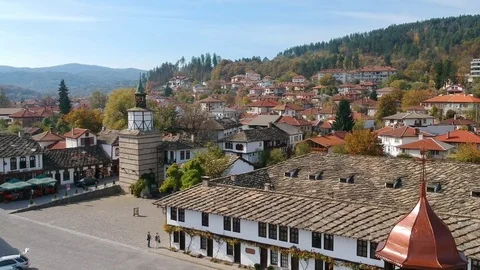Tryavna aerial view of the clock tower Stock Footage 81367495