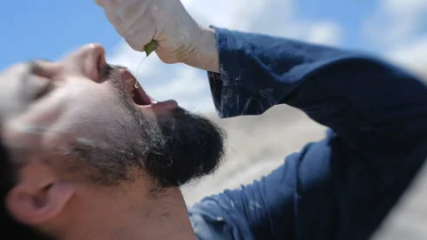 Trying to squeeze a drop of water out of a desert cactus 库存影片 145922890