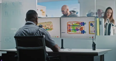 TSA Worker Controlling X-ray Metal Detector Scanning of Baggage. Diverse Stock Footage 306081140