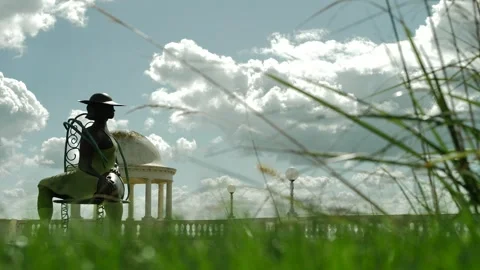 Tschabalala Self's public sculpture seen though long grass slow motion 4K Video stock 289733322