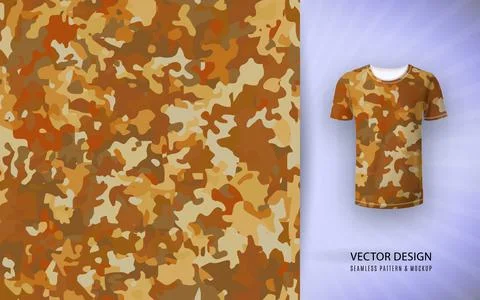 Tshirt camouflage background. Seamless pattern and shirt mockup. Vector, orange Stock Illustration