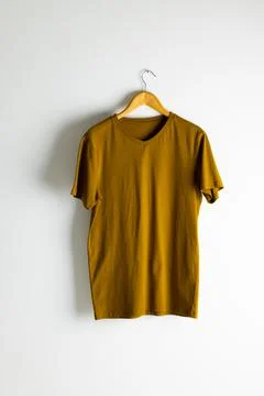 Tshirt hanging on coat hanger and copy space on white background Stock Photos