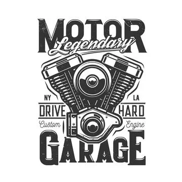 Tshirt print with motorcycle engine vector design Illustrazione stock