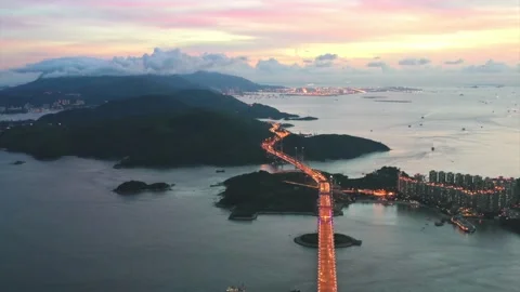 Tsing Ma Bridge, aerial view, evening 스톡 동영상 136065615