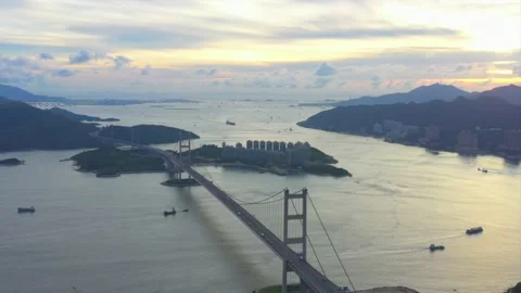 Tsing Ma Bridge, aerial view, evening 스톡 동영상 136065749
