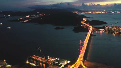 Tsing Ma Bridge, aerial view, evening 스톡 동영상 136065764