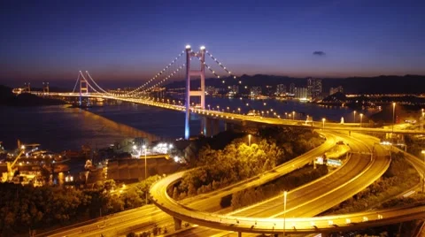 Tsing Ma Bridge at night Stock Footage 8359192