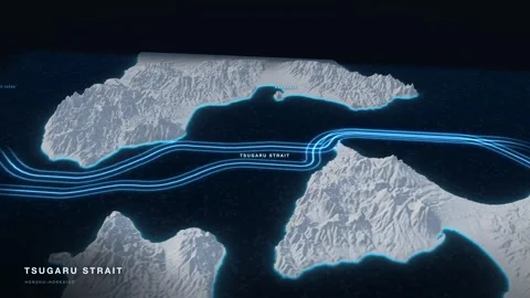 Tsugaru Strait 3D White Terrain Relief Map With Glowing Shipping Route 動画素材 343539473