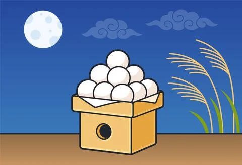 Tsukimi dango with full moon and pampas grass Stock Illustration