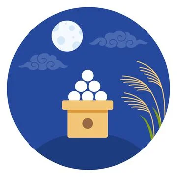 Tsukimi dango with full moon and pampas grass Stock Illustration
