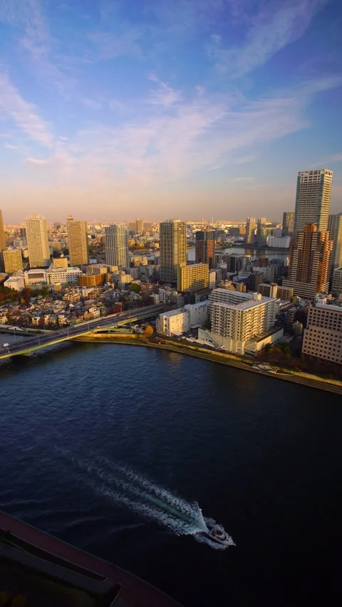 Tsukuda's Apartment Complex, Sumida River, Tsukuda Bridge, and the Evening View Stock-Footage 330973071