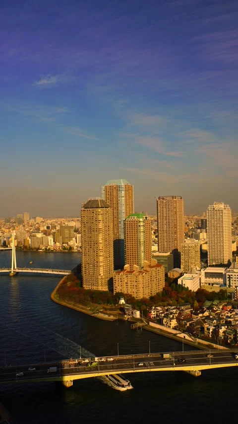 Tsukuda's Apartment Complexes, Sumida River, Tsukuda Bridge, and the Evening Stock Footage 330973068