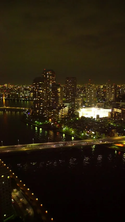 Tsukuda's Apartment Complexes, Sumida River, Tsukuda Bridge, and the Night View Stock Footage 331116894
