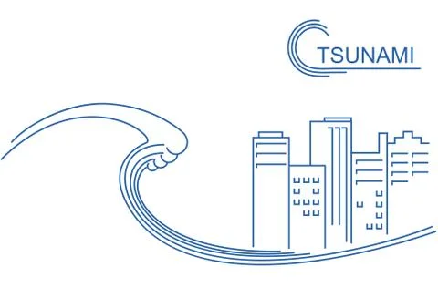 Tsunami and big city.Vector flat line illustration  background illustration Stock Illustration