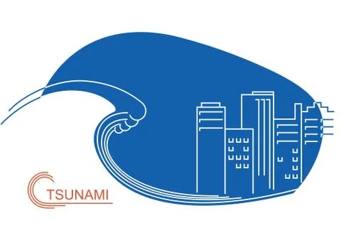 Tsunami and big city.Vector flat line illustration Stock Illustration