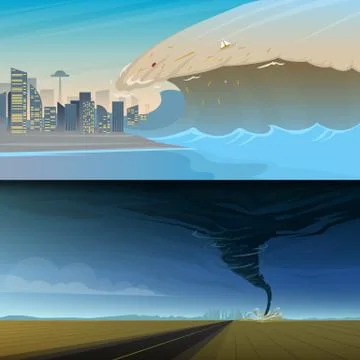 Tsunami and Twisting tornado or storm from. Big waves and ocean surface Illustrazione stock