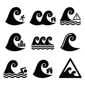 Tsunami, big wave warning, neutral disaster icons set Stock Illustration
