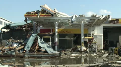 Tsunami Damage To Gas Station In Kesennuma City Japan Stock Footage