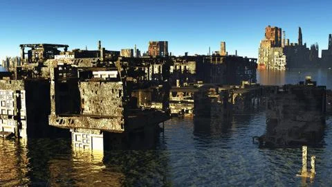 Tsunami devastated city 库存插图