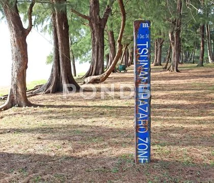 Tsunami hazard warning sign, maikao beach, phuket thailand Stock Photos