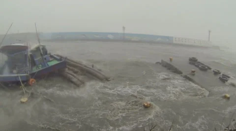 Tsunami Like Hurricane Storm Surge Destroys Boat Stock Footage