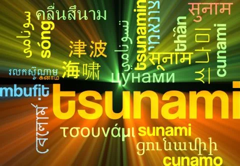 Tsunami multilanguage wordcloud background concept glowing Stock Illustration