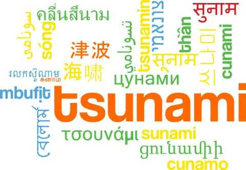 Tsunami multilanguage wordcloud background concept Stock Illustration