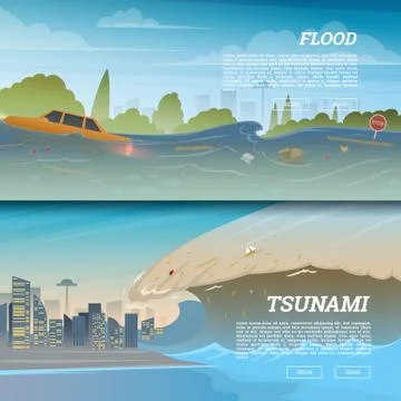 Tsunami on tropical beach. Big waves and ocean surface. Landscape Flood and Stock Illustration