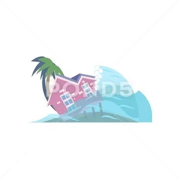 Tsunami on the tropical coast, demolishing house on stilts isolated on white Stock Illustration