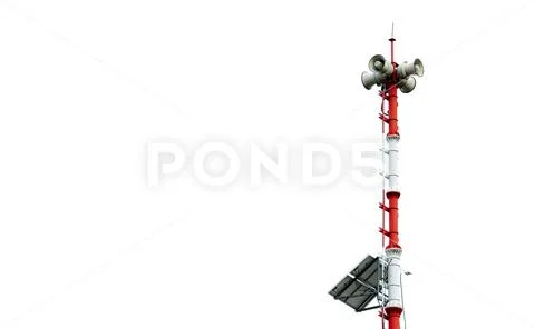 Tsunami Warning System. Broadcast tower with solar panels. Pole of Tsunami wa Stock Photos