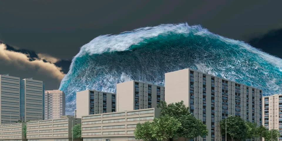 Tsunami wave apocalyptic water view urban flood Storm. 3D illustration Stock Illustration