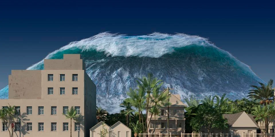 Tsunami wave apocalyptic water view urban flood Storm. 3D illustration Stock Illustration