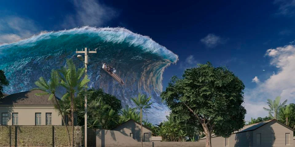 Tsunami wave apocalyptic water view urban flood Storm. 3D illustration Stock Illustration