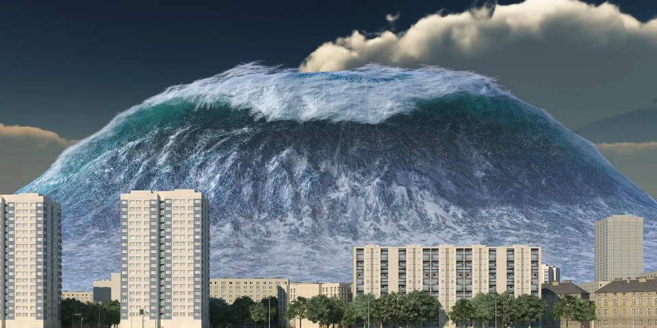 Tsunami wave apocalyptic water view urban flood Storm. 3D illustration Stock Illustration