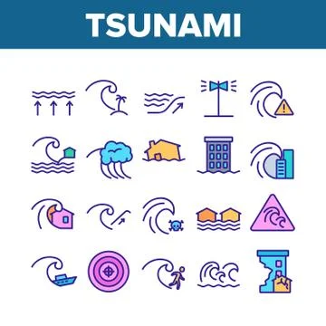 Tsunami Wave Collection Elements Icons Set Vector 스톡 일러스트