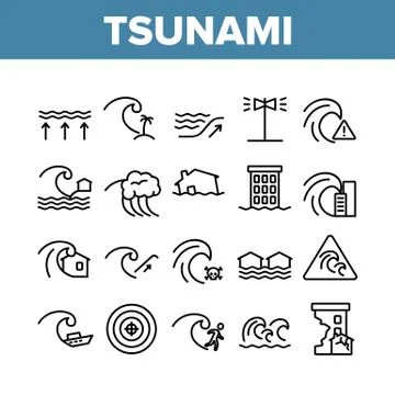 Tsunami Wave Collection Elements Icons Set Vector Illustrazione stock
