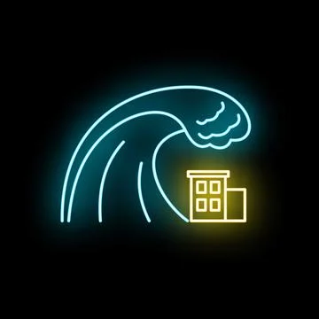 Tsunami wave hitting building neon sign icon Ilustración de archivo