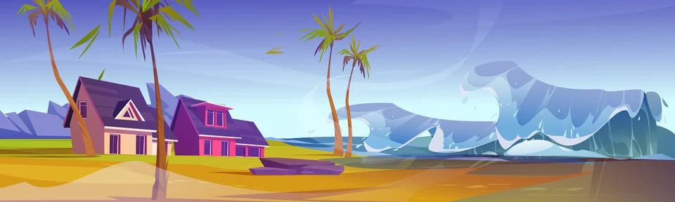 Tsunami wave at tropical beach with cottage, trees Stock Illustration
