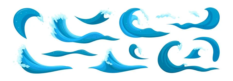 Tsunami waves and tides elements. Big wave surfing set. Cartoon vector Illustrazione stock