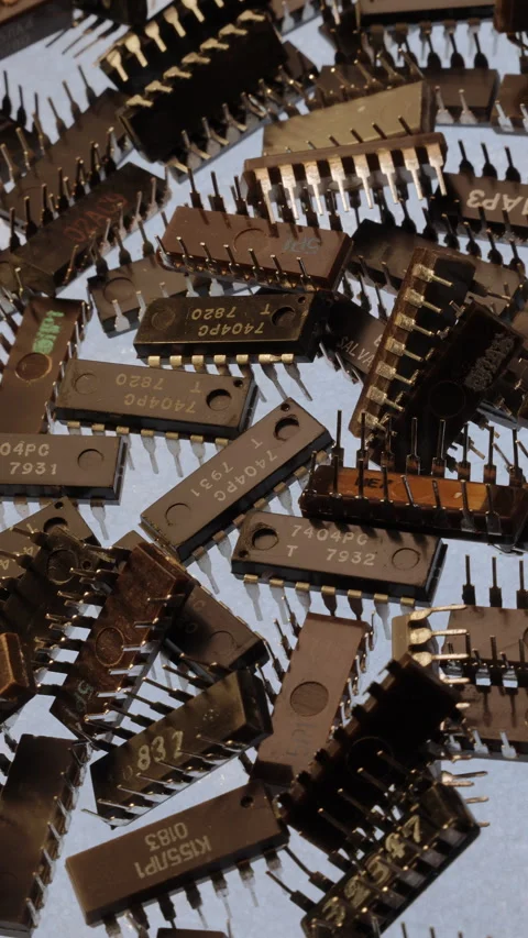 TTL IC Chips Pile Top Down Rotating CU Backlit Cold Warm Key Lighting Stock Footage 331042016