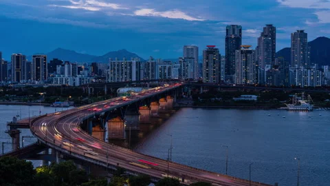 Ttukseom bridge night traffic Stock Footage 247085683