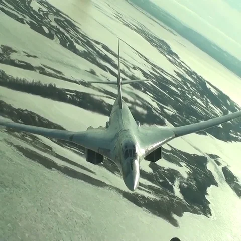 The Tu-160 over the icy river Video stock 69540189