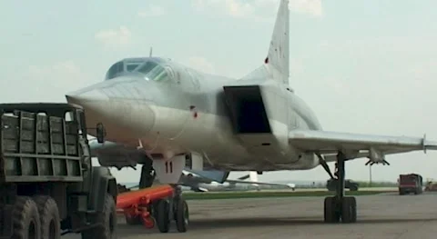 Tu-22M3 (NATO-Backfire-C) supersonic bomber  towing after landing. Close-up. Stock Footage 175829060