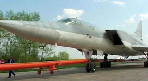 Tu-22M3 (NATO-Backfire-C) supersonic bomber  towing after landing. Close-up. 動画素材 175829755