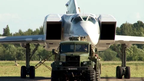 Tu-22M3 Nato Name: Backfire. Towing  supersonic missile carrier Tu-22M3. Video stock 111380028