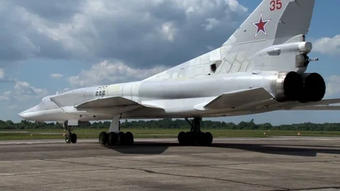Tu-22M3 Nato Name: Backfire. Supersonic missile carrier is taxiing to take off. Stock Footage 111633423
