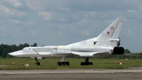 Tu-22M3 Nato Name: Backfire. Supersonic missile carrier taxis on runway Stock Footage 111633445