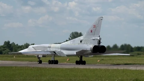 Tu-22M3 Nato Name: Backfire. Supersonic missile carrier moves for take-off.. Video stock 111633473