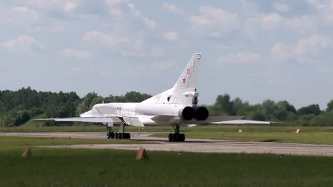 Tu-22M3 Nato Name: Backfire. Supersonic missile carrier moves for take-off. Stock Footage 111664488